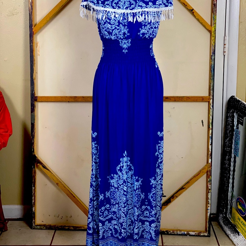 Blue stretchy maxi dress with shoulder detailing